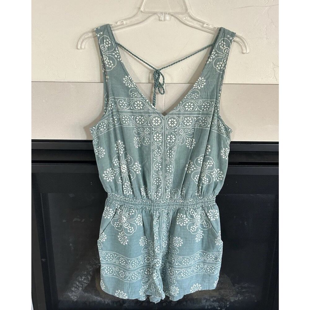 Madewell Romper Womens XS Green Boho Print Sleeveless Tie Back Pockets Summer